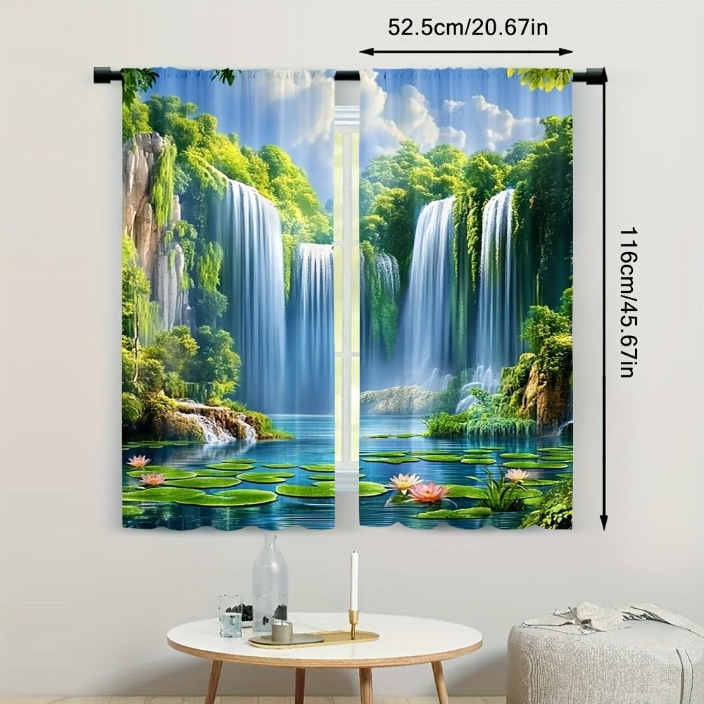 2pcs Waterfall & Tree Scenery Print Semi-Blackout Curta - Rod Pocket, Machine Washable, Fade Resistant Polyester Window Panel