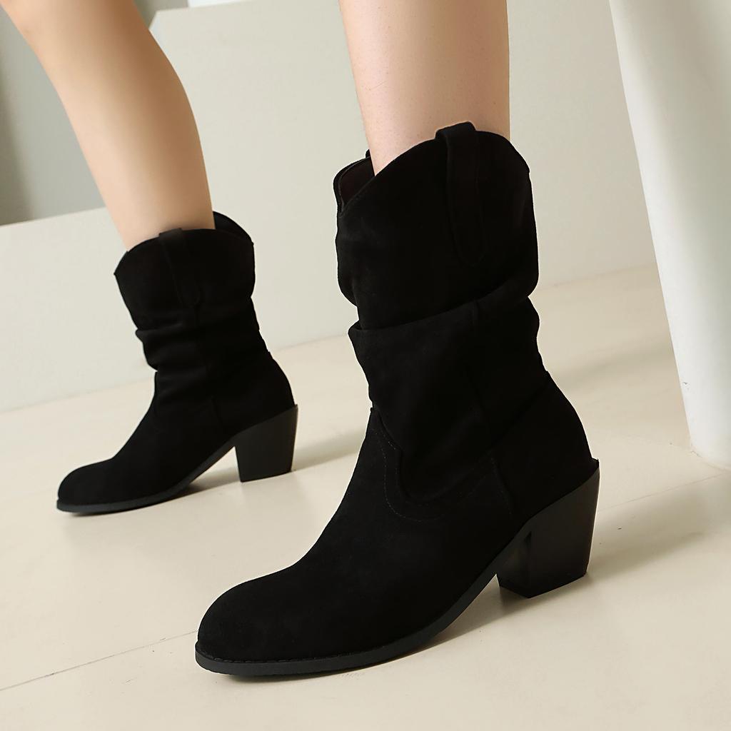 Women Ankle Slouch Boots Cowboy Western Booties Cowgirls Flock Slip On Fall Winter Shoes