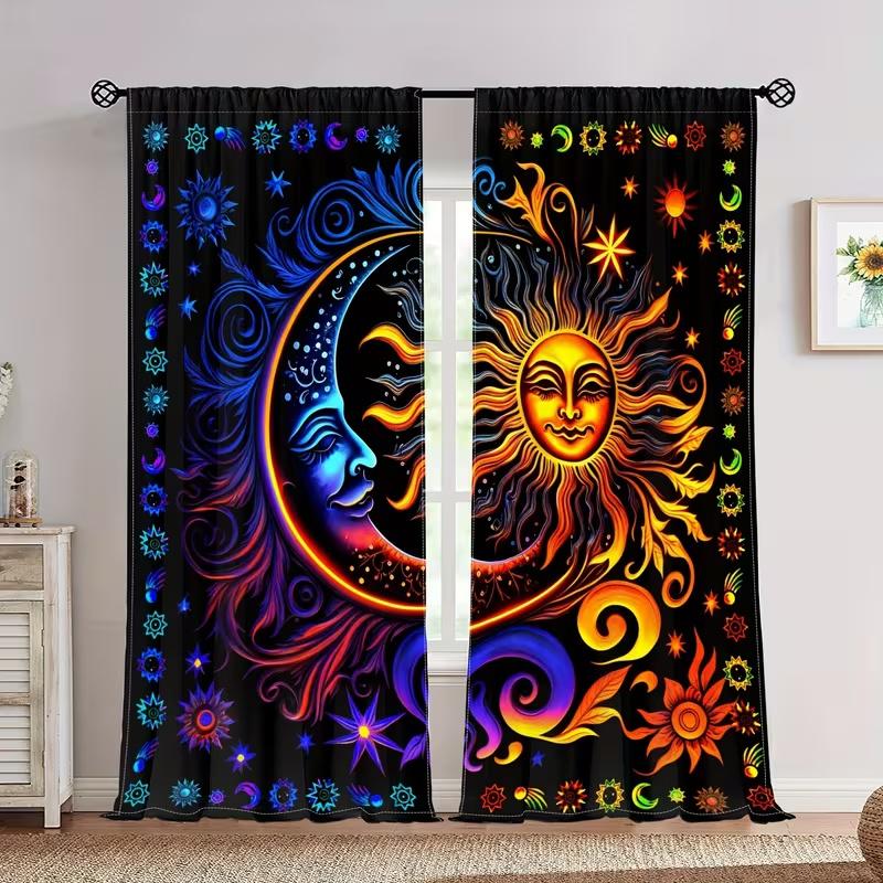 

2 Pcs Sun and Moon print curtains,suitable for bedroom,living room kitchen decoration,home decoration,window decoration 14Wx39L(35x100CM)x2&Rod Pocket