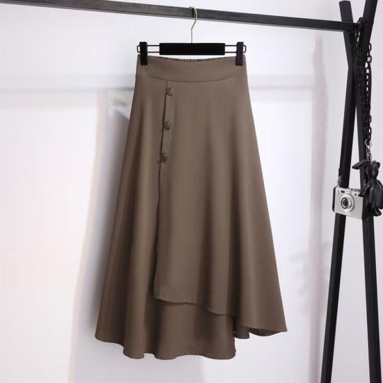 High-Waisted Midi Skirt Buttons Decor Irregular Large Hem A-Line Skirt Solid Color Summer Thin Skirt