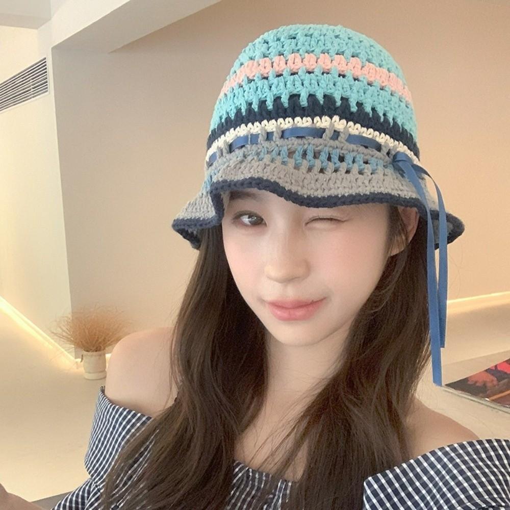 Handmade Knitted Bucket Hats Bow Ribbon Weave Hats Versatile Hollow Basin Cap  Streetwear