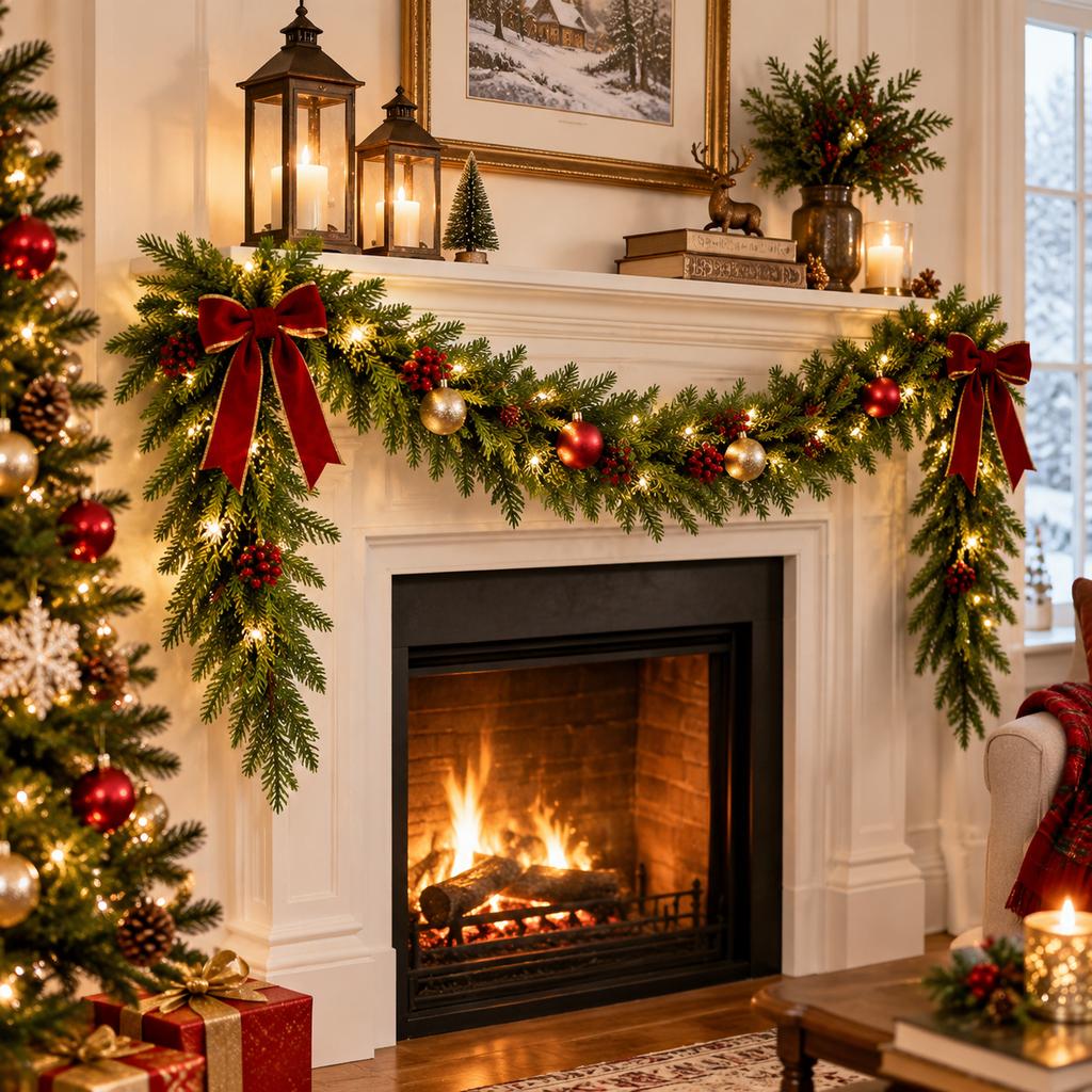 European Style Artificial Pine Needle Garland with Wire Loop, PE Material for Christmas and Home Decor