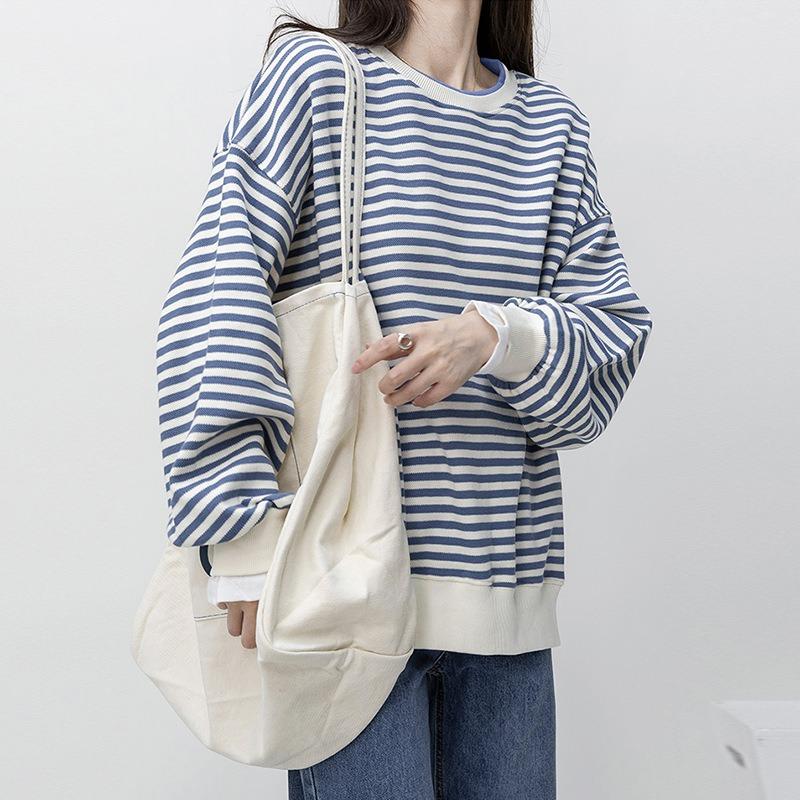 

Полосатый ретро тонкий свитер женский тренд ранняя осень женский топ свободная рубашка 2XL синий