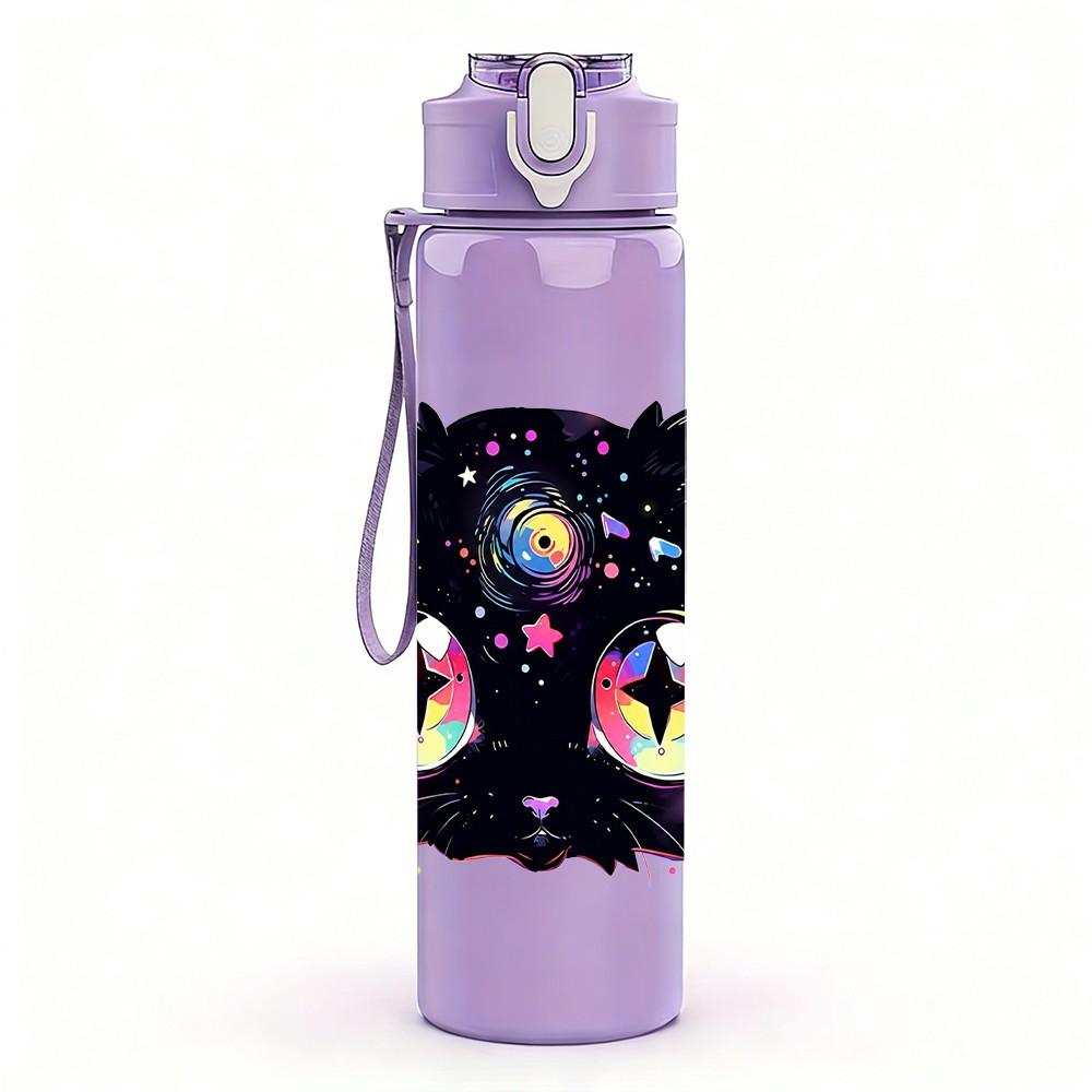 1PC Big Eyed Black Mystic Cat 750ml Color Plastic Sports Water Bottle Leakproof Flip Straw Lid Suitable for Sports Office Home Use