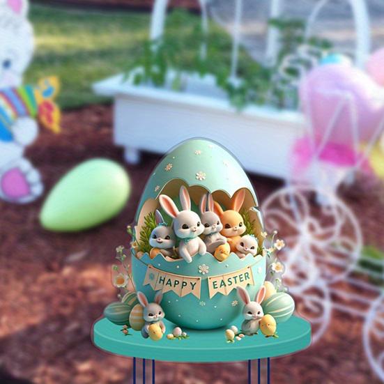 Easter Bunny Garden Stakes Outdoor Decor, 2D HD Printing Acrylic Rabbit & Colorful Eggs Ornaments with Weatherproof Design, Easy-Insert Spike