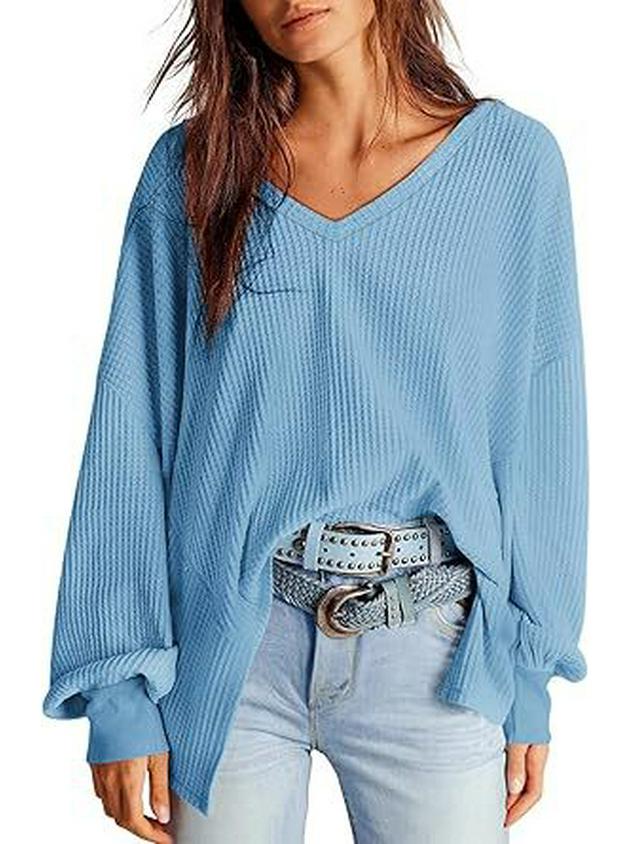 2025 Women’s V-Neck Mesh Knit Top: Fashionable Long Sleeve Loose Shirt L синий