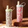 Stainless Steel Straw Thermos Cup Leopard Pattern Outdoor Insulated Mug  Kitchenware