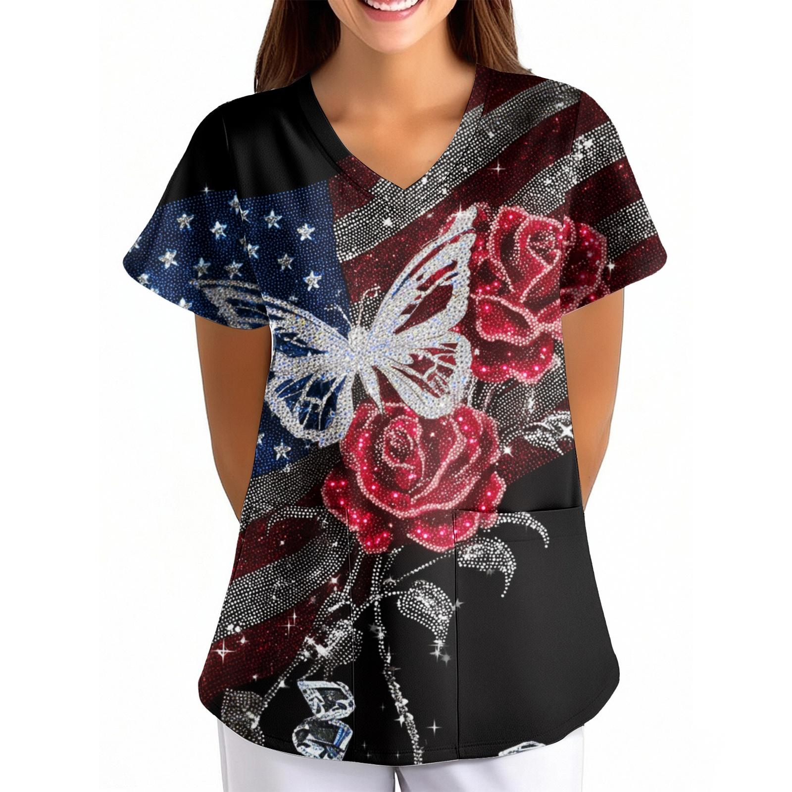 

Women s Independence Day Printed Loose V-Neck Pocket Short-Sleeve Caregiver/Uniform XL
