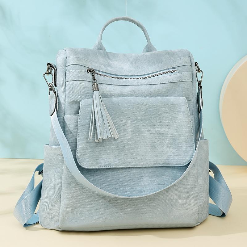 Women's Soft Leather Backpack Large Capacity Student Commuter Schoolbag Tassel Travel Backpack
