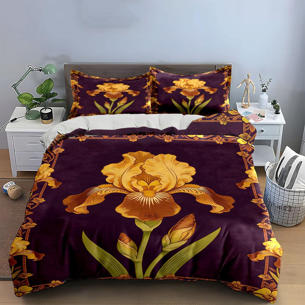 Golden iris flower pattern. Bedding sets Duvet cover sets Duvet covers Pillowcases(1* Duvet Cover 2* Pillowcases without duvet insert)