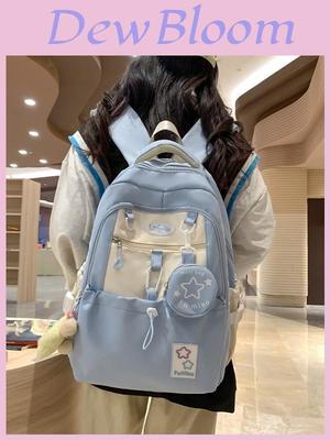 Youth College Style Backpack With Spliced Nylon Material And Features For Schoolgirls