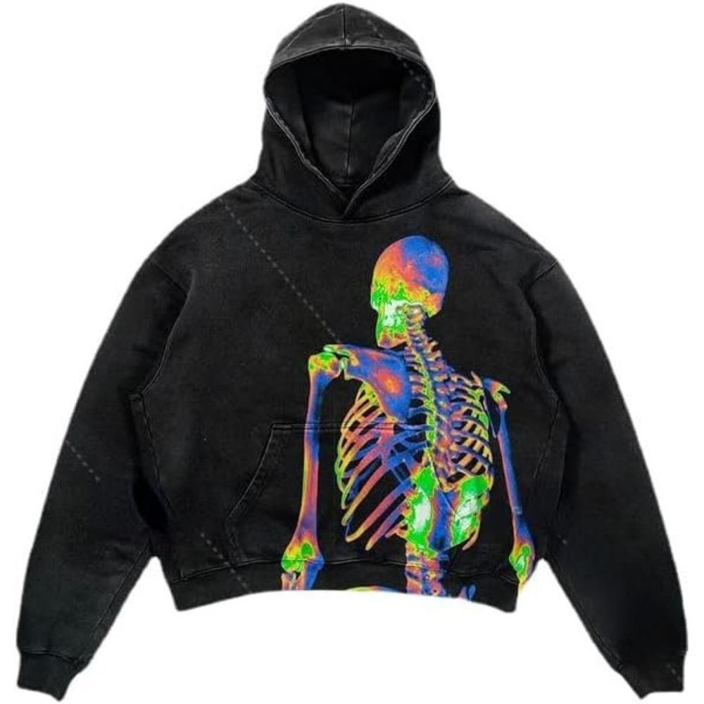 ZYLLO Punk Style Skull Washed Long Sleeve Pullover Hoodie Hip Hop Retro Street Loose Oversized Sweatshirt Harajuku Gothic Top