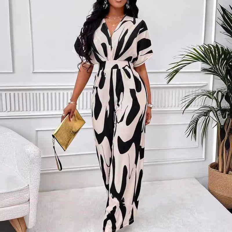 

Short Sleeve Print Fitted Waist Jumpsuit Fashion Wide-Leg Women Short Sleeve Printed Jumpsuit Black and White 2XL