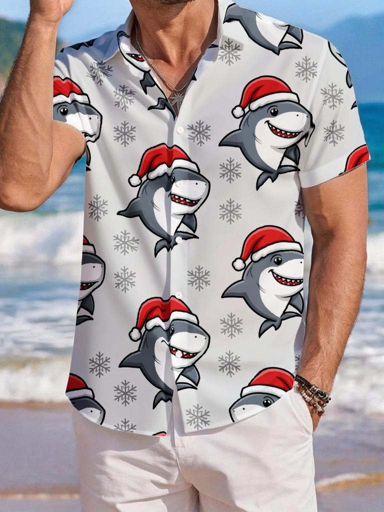 Men's Christmas Themed Short-Sleeve Hawaiian Shirt, Polyester Material, Comfortable and Breathable Fabric, Lapel Collar, 3D Digital Print with Full