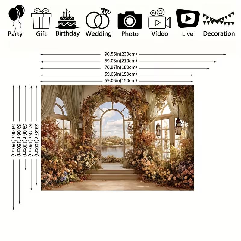 2D Vintage Conservatory Backdrop, Autumn Floral Arch with Lake and Sky Background Cloth