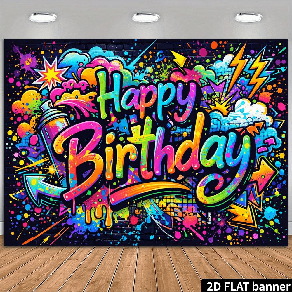 2D Planar Color Graffiti Birthday Banner with Vibrant Spray Paint Splatter Effect, "Happy Birthday"