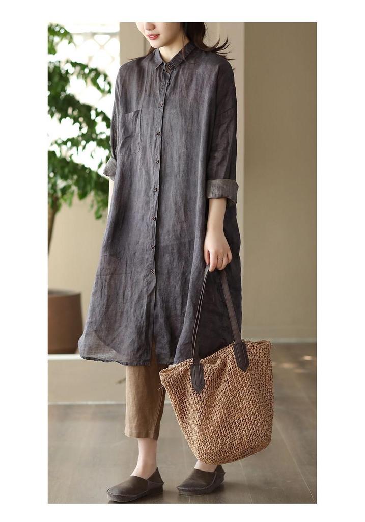 2026 Spring Women's Retro Cotton Linen Dark Pattern Mid-Length Cardigan Shirt
