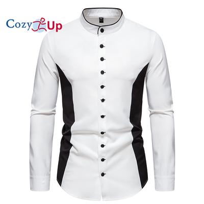 Mens Banded Mandarin Collar Dress Shirt New Patchwork Long Sleeve Shirt Men Business Casual Social Tuxedo Shirt 2XL
