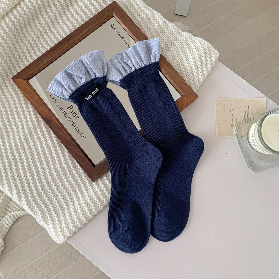 

Vintage Plaid Lace Socks Women S Mid-Tube Socks Autumn And Winter Trend Small Korean Style Pile Socks Miu Series Literary Women S Socks Cotton One size fits all тёмно-синий