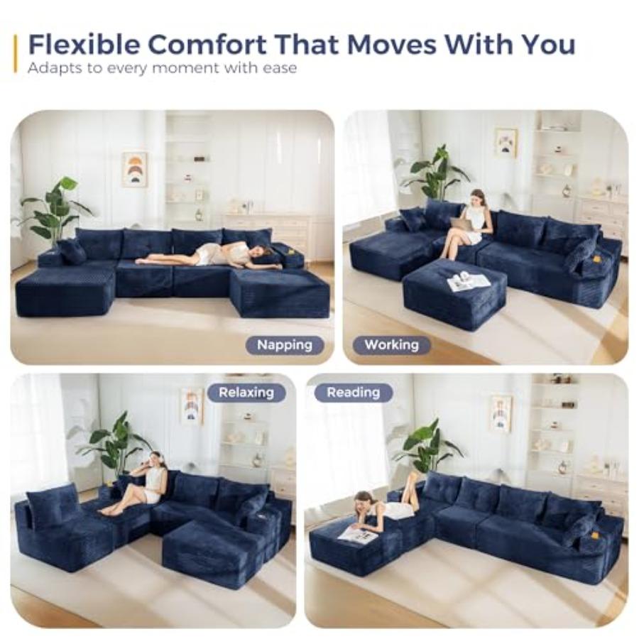 132 Giant U-Shaped Modular Sectional Couch Modern Boneless Couch for Living Room Sofa in A Box Oversized Sofa Sleeper with Deep