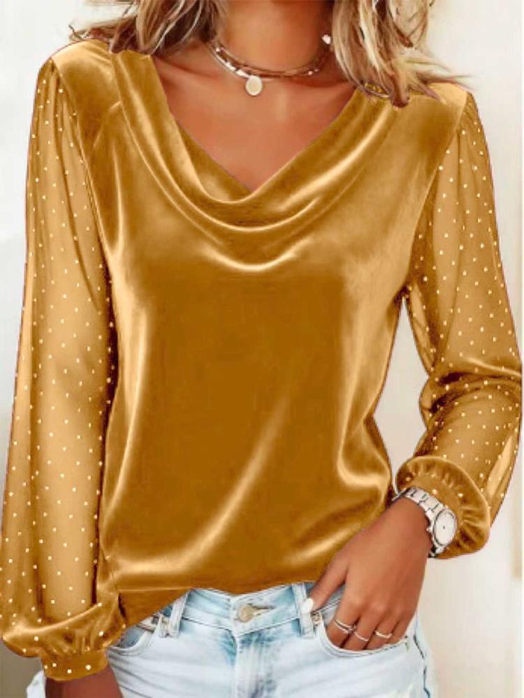 

Velvet Mock Neck Top with Sheer Polka Dot Sleeves 3XL золотий