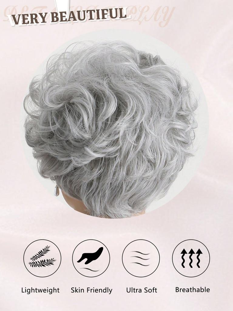 Syntetisk Dam Silvergrå 10 tum Lockig Kort Peruk Mjuk Värmetålig Naturlig Peruk med Lugg