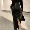 Women's Retro High-Waisted Black Leather Skirt - Slimming Mid-Length with Slit, for Spring/Autumn