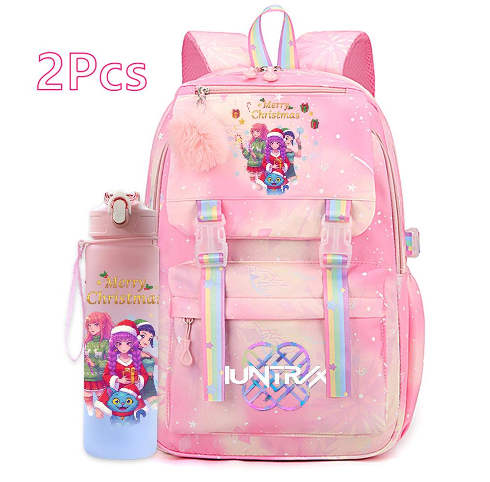2Pcs/set Christmas K-pop Printed Backpack with 750Ml Water Bottler Large Capacity Travel Bag for Teenager Girl Boy Waterproof Bookbag Kid Gift Rucksak
