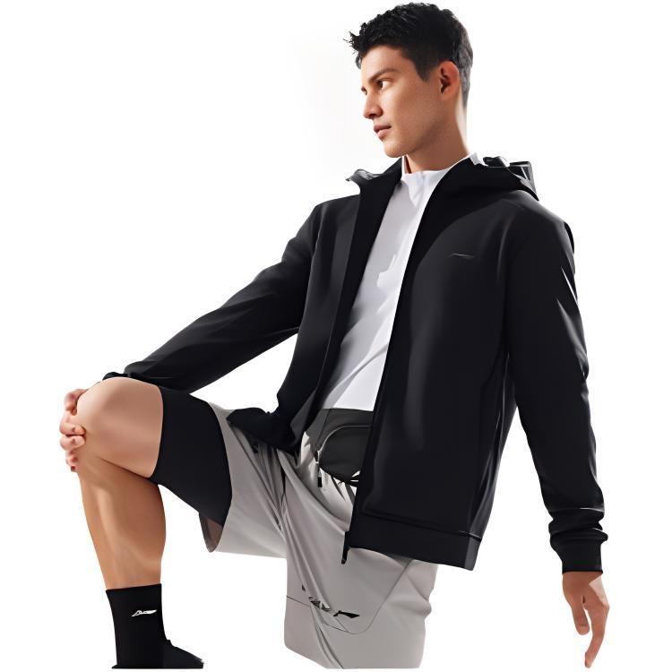 Li Ning Gestricktes einfarbiges Kapuzen-Fleece Warmes Sweatshirt mit Reißverschluss für Herren Sweatshirt Schwarz AWDU577-1