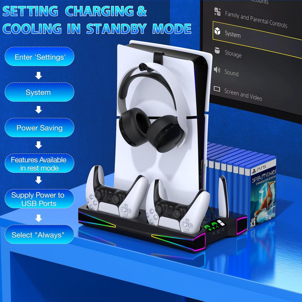 PS5 Slim Stand with RGB Vertical Stand for PS5 Slim Charging Stand for Slim Charging Two Controllers Compatible with PS5 Discs and Digital Cooling