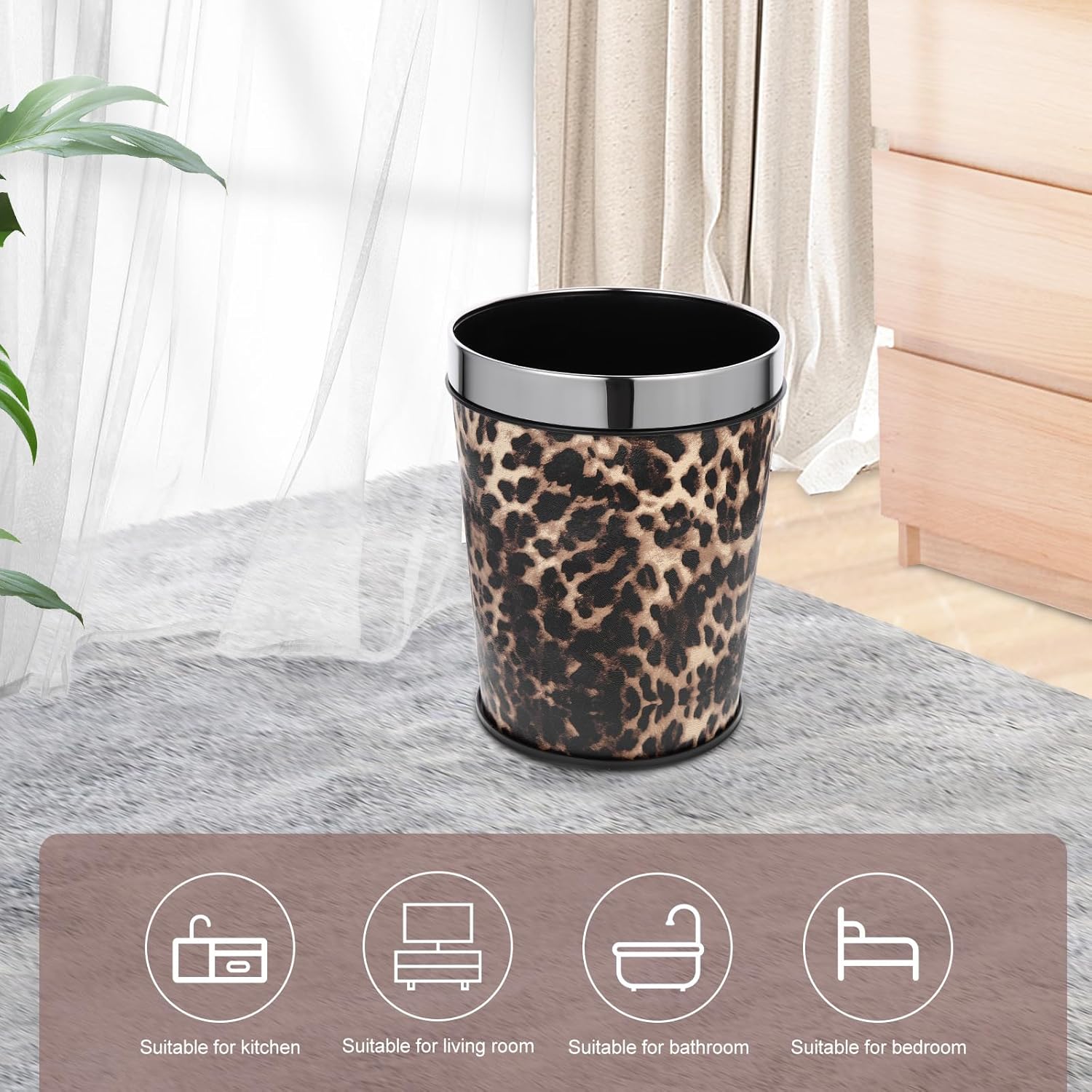 Bathroom Trash Can Recycling Bin Leopard Print Round Waste Basket Office Garbage Can Stainless Steel Trash Container 5L leopardo