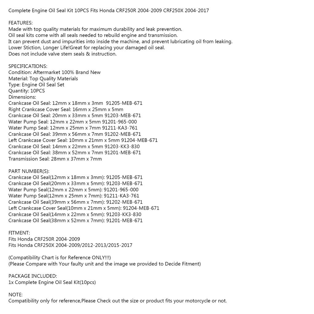 10 szt. Zestaw uszczelniaczy silnikowych dla Honda CRF250R 2004-2009 CRF250X 2004-2017