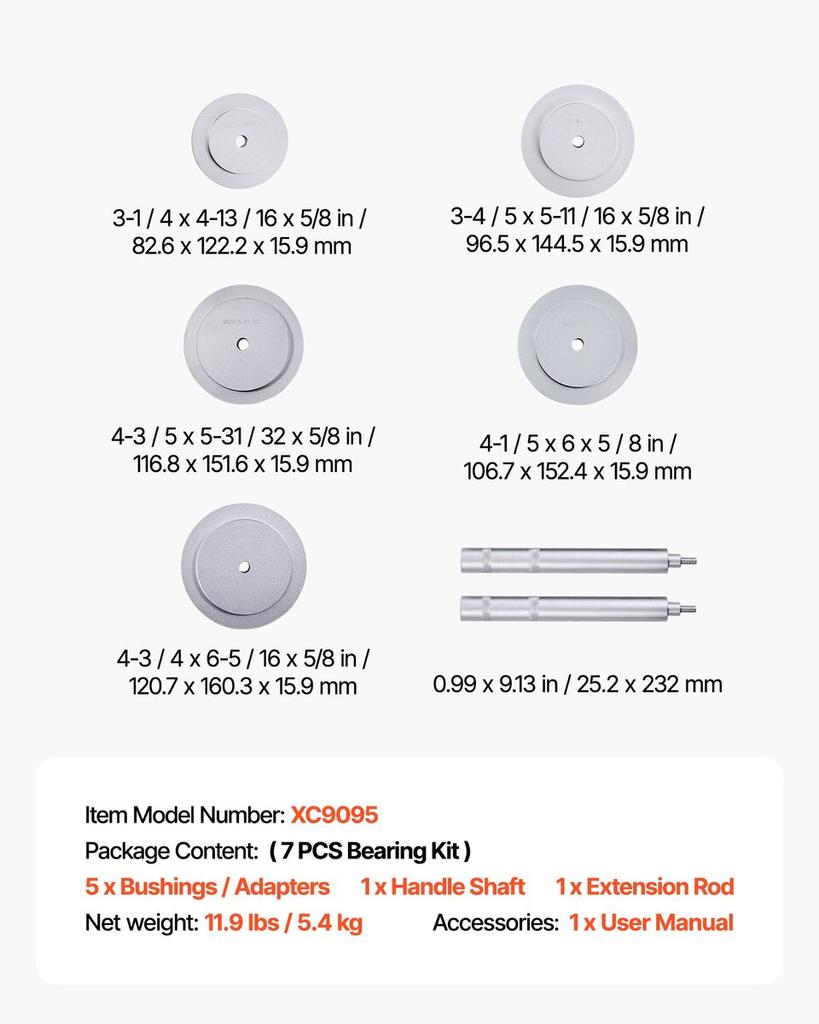 Bearing Press Kit, 7 Pcs, Bearing Race and Seal Driver Set with 5 Bushings, Handle Shaft and Extension Rod, Bushing Driver Tool Set, Heavy Duty