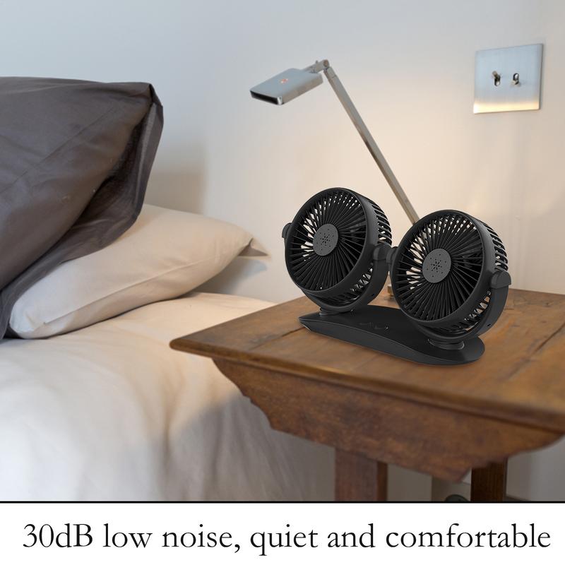 Portable Car Fan Double Head Car USB Fan Strong Wind Low Noise Cooling Device 360-Degree Rotation Dashboard Accessories For