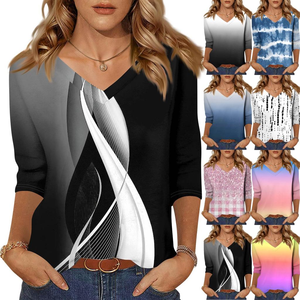 Women's Fashion Casual Three-quarter Sleeve Gradient Printed Round Neck Top