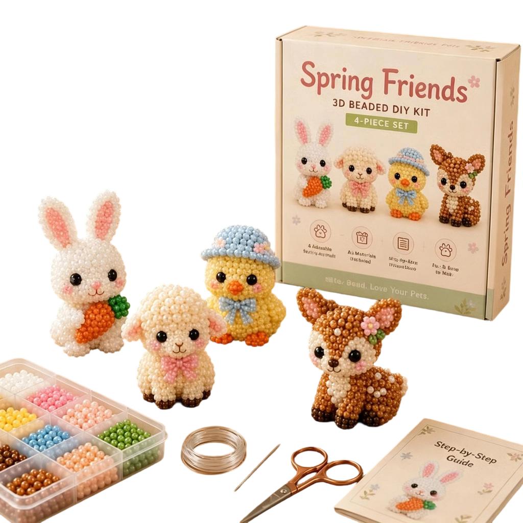 3D Beaded Animal DIY Kit Spring Friends Set Includes Four Animal Figures Beads Wire Scissors and Step-by-Step Guide for Crafting
