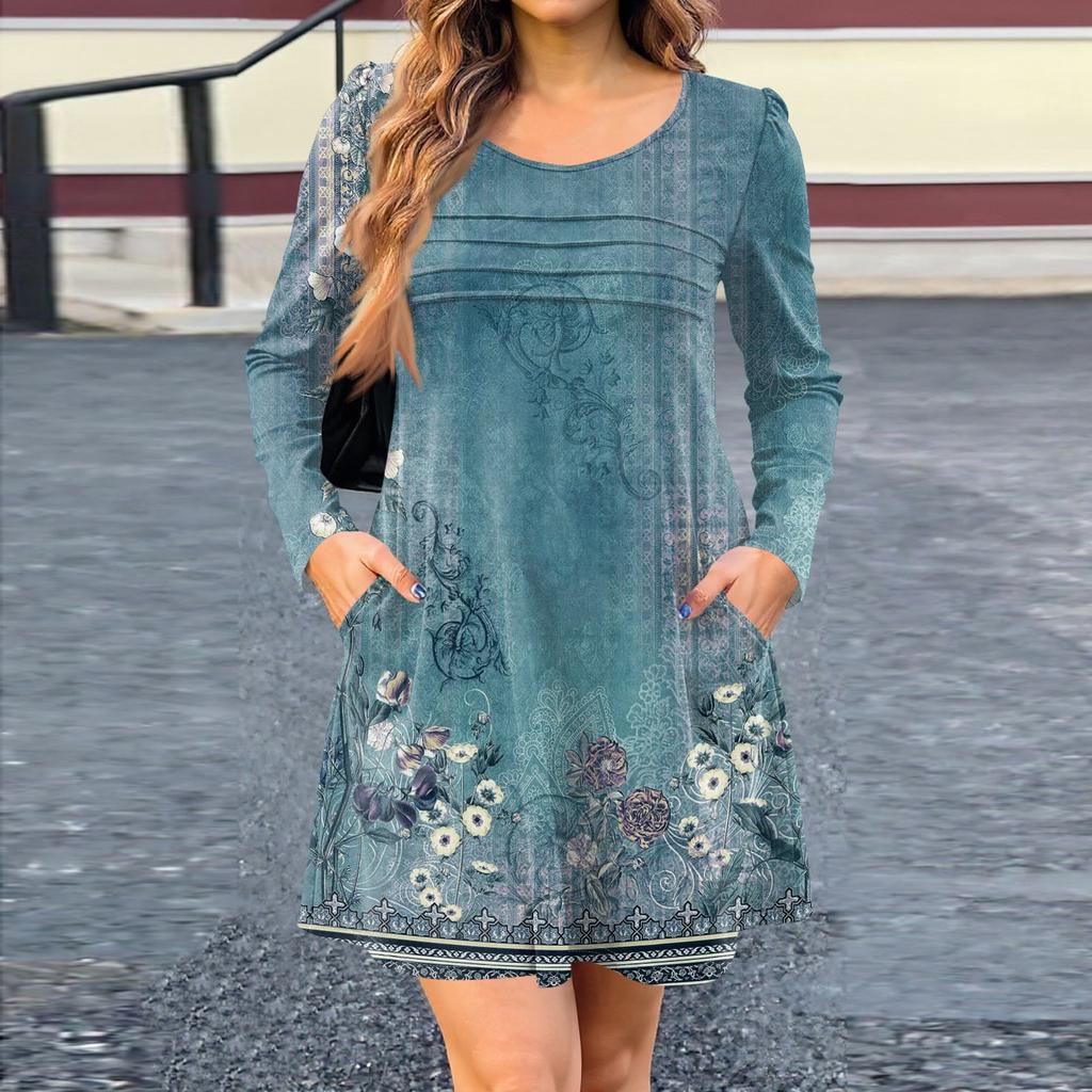 Women's Long Sleeve Dress Fall Casual T Shirt Loose Fit Pleated Front Dresses With Pockets