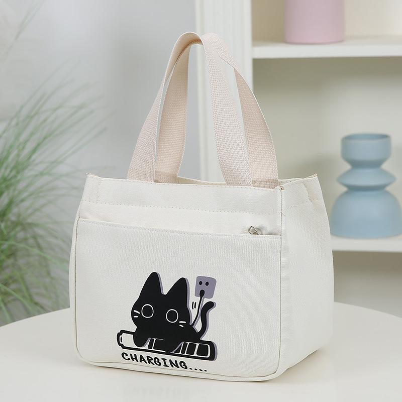 Cartoon Charging Cat Pattern Canvas Versatile Handbag Commuting Office Worker Lunch Tote Bag