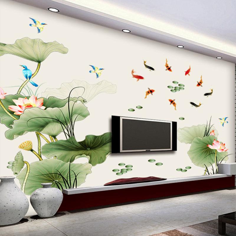 Pvc Lotus Carp Flying Bird Wall  Stickers Chinese Style Vinyl Wall Self-adhesive Wallpaper Bedroom