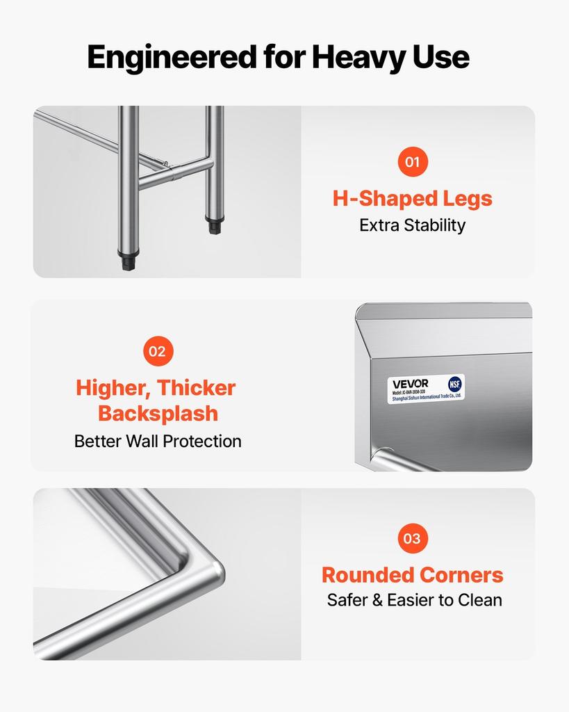 3 Compartment Sink, 18-Gauge 304 Stainless Steel, 254x356x254 mm Bowl Size, 3 Bay Commercial Kitchen Prep & Utility Sink with 2 Drainboards and