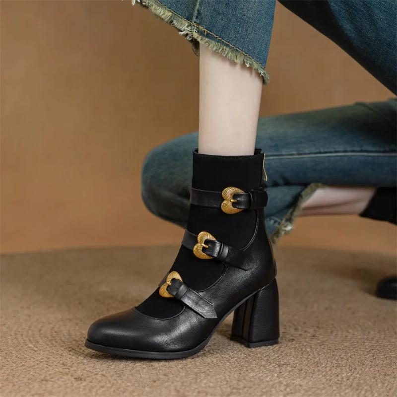 Plus Size 33-52 Women's Retro Black Ankle Boots Modern Lady Boots Block High Heels Belt Buckle Straps Office Lady Shoes