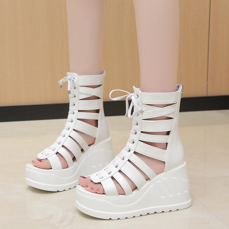 Fashion 2025 Korean Wedge Sandals Women's Summer New Fish Mouth Hollow Sandals Waterproof Platform 10cm Heightened Roman Sandals Boots