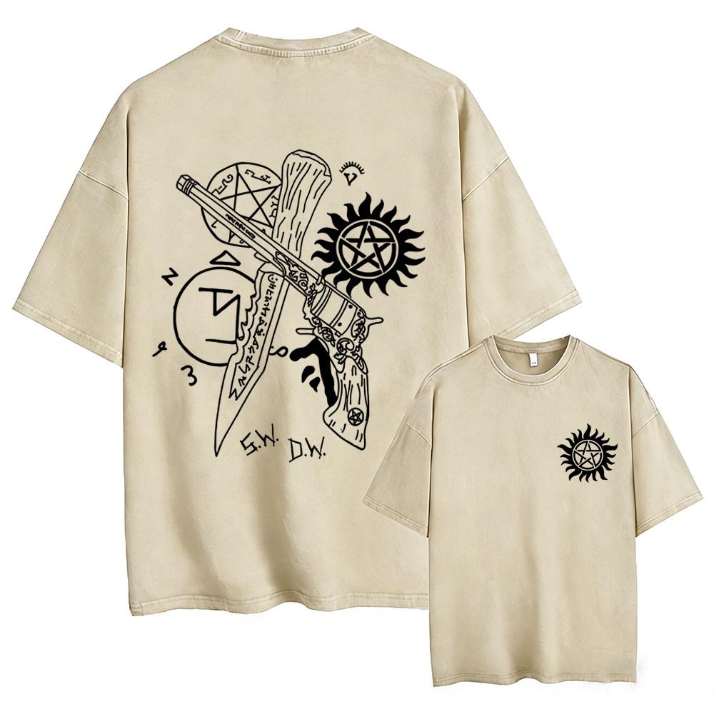 Hot Sale Supernatural Vintage Washed T-shirt Men Women Casual Retro Cotton T Shirts Unisex Casual Oversized T-shirts Streetwear