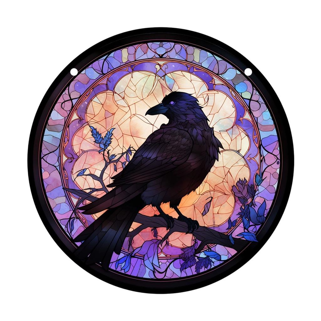 Raven Stained Glass Suncatcher Window Hanging Decoration Halloween Gothic Crow Glass Ornament for Window Home Kitchen