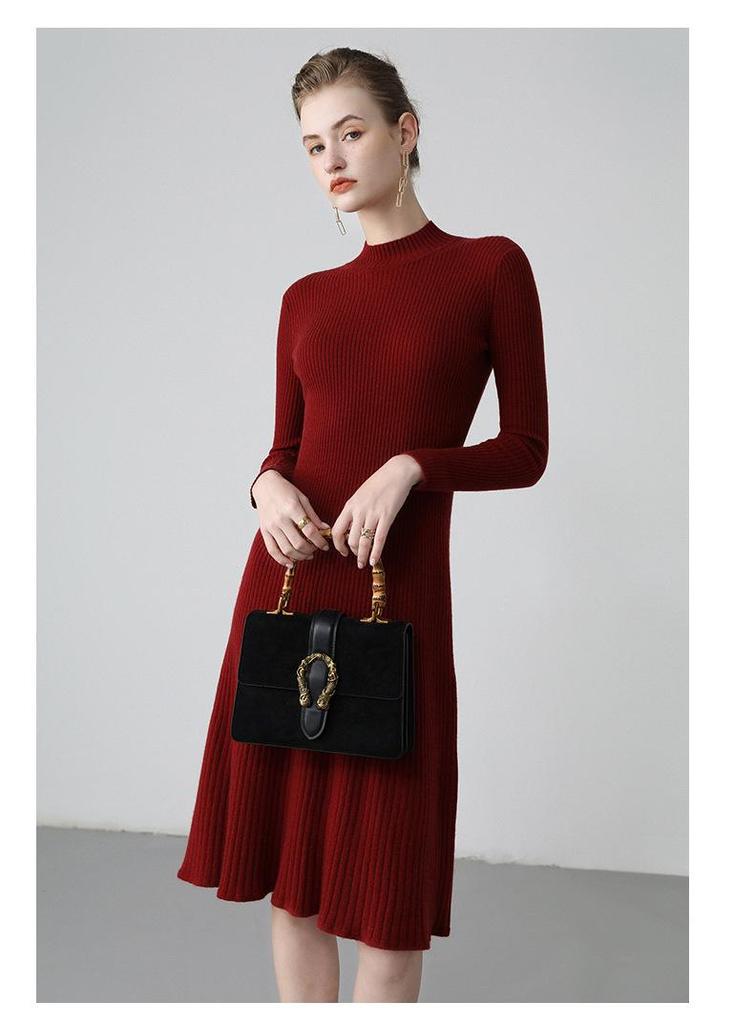 Women's Slim-Fit Over-the-Knee Cashmere Sweater Dress with Half-High Collar and Long Sleeves for Autumn-Winter.