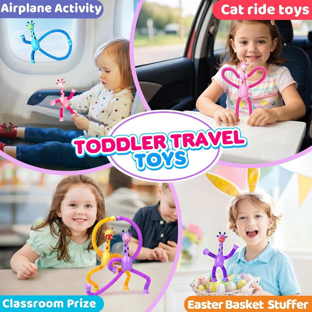 Giraffe Sensory Travel Toys 4Pcs Suction Airplane Autism Pop Tube Fidget Toys Autistic Easter Basket Stocking Stuffer Gift