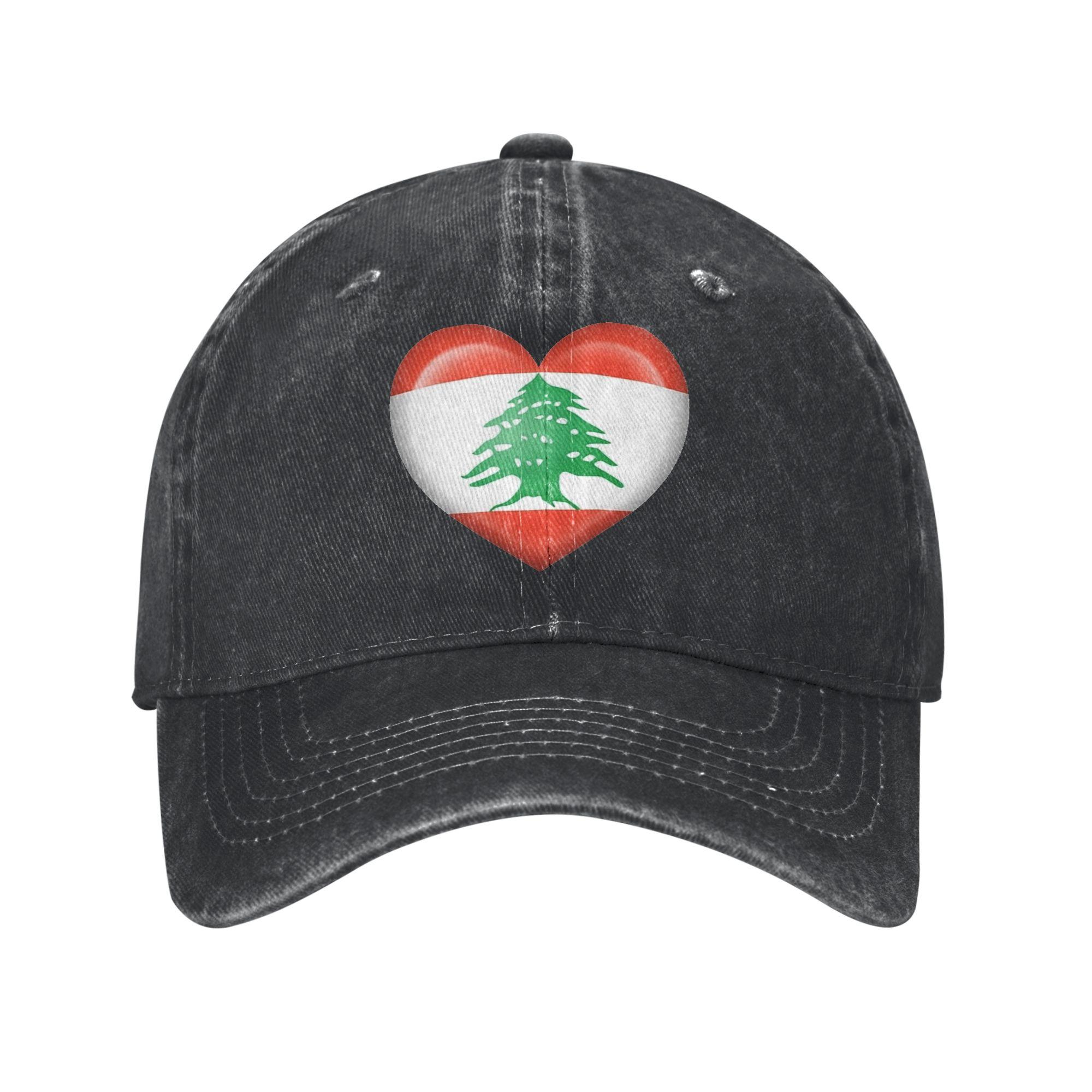 Unisex Lebanon Flag Heart Print Hats Classic Distressed Washed Baseball Cap Adjustable One Size