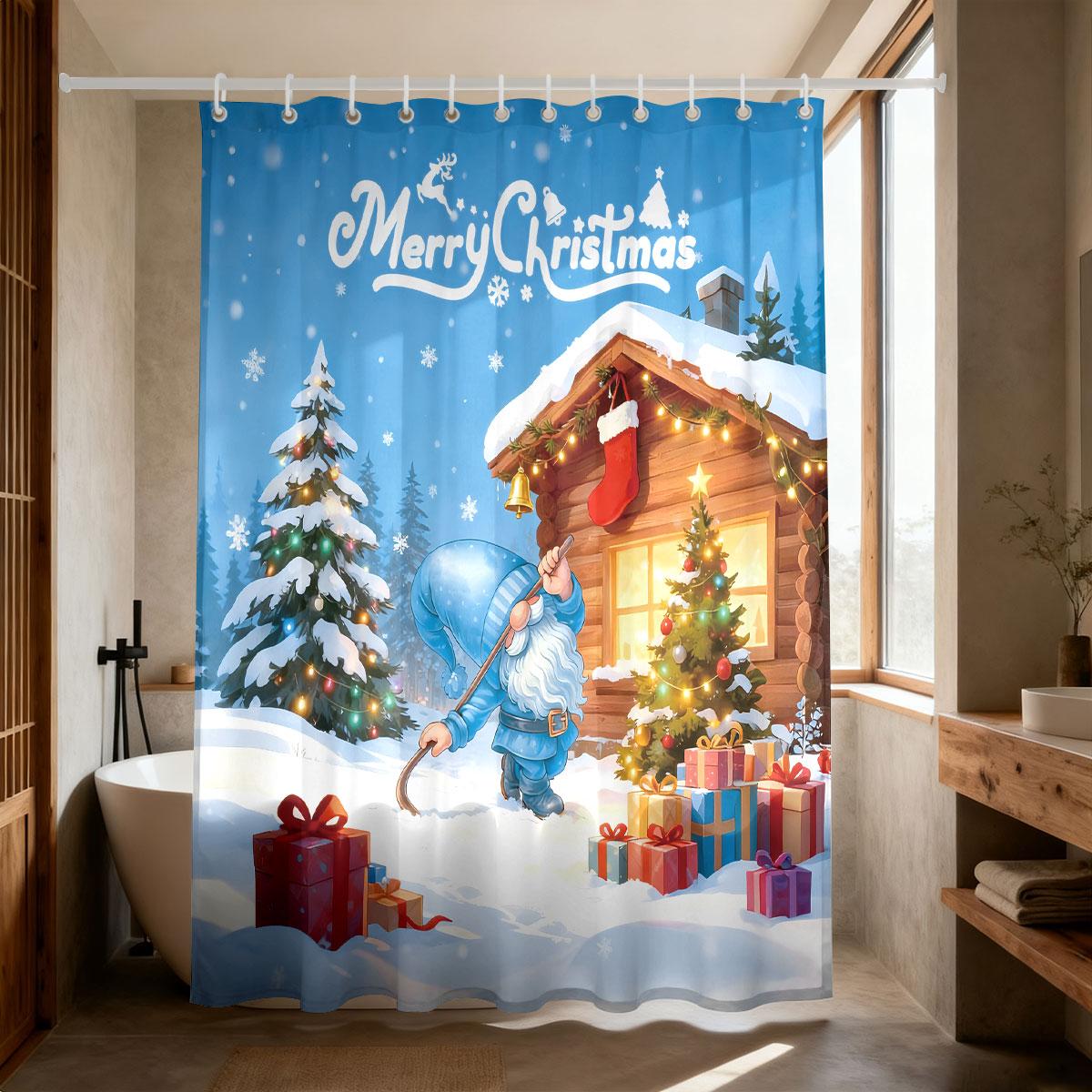 

1Pc Christmas House Blue Floor Print Waterproof Shower Curtain Partition Privacy Hanging Curtain With 12 Hooks Multiple Sizes W60H190(CM)-1 Pcs