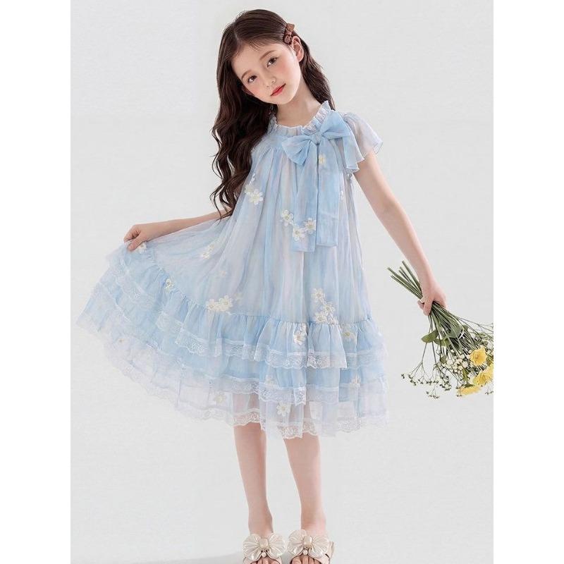 Süßes Hellblaues Kleid für Mädchen - Sommer Kinder Prinzessinnen Blumenkleid