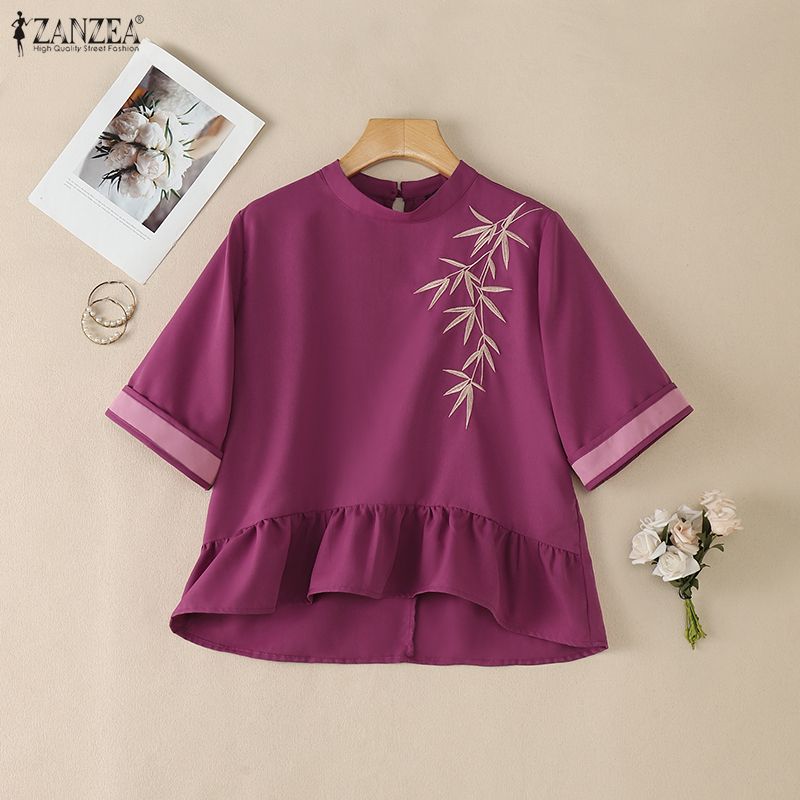 ZANZEA Women Casual Round Neck Floral Embroidery Loose 3/4 Sleeve Blouse
